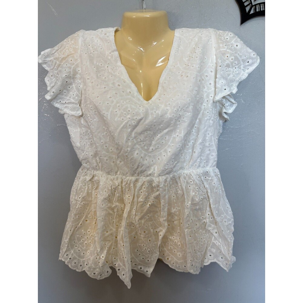 Bloomchic 10 M Solid Ruffles Scalloped Trim Laser Cut Blouse White - Picture 7 of 11